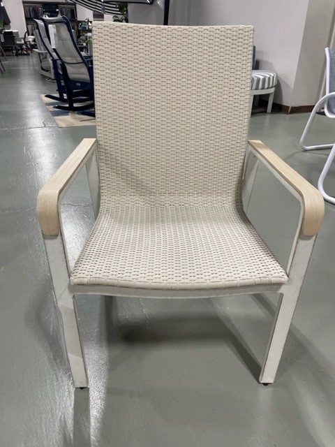 Gensun Ventura white modern chair with mesh seating and backrest, featuring wooden armrests, on a gray floor in an indoor setting.