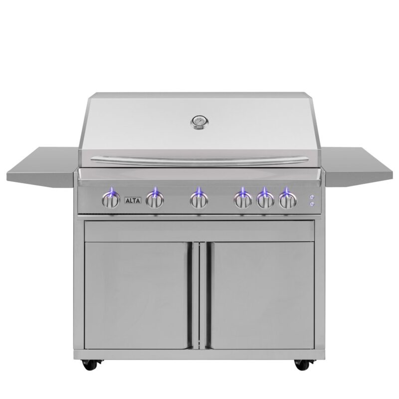 A stainless steel outdoor gas grill with six blue-lit knobs, two side shelves, and closed storage beneath, isolated on a white background.