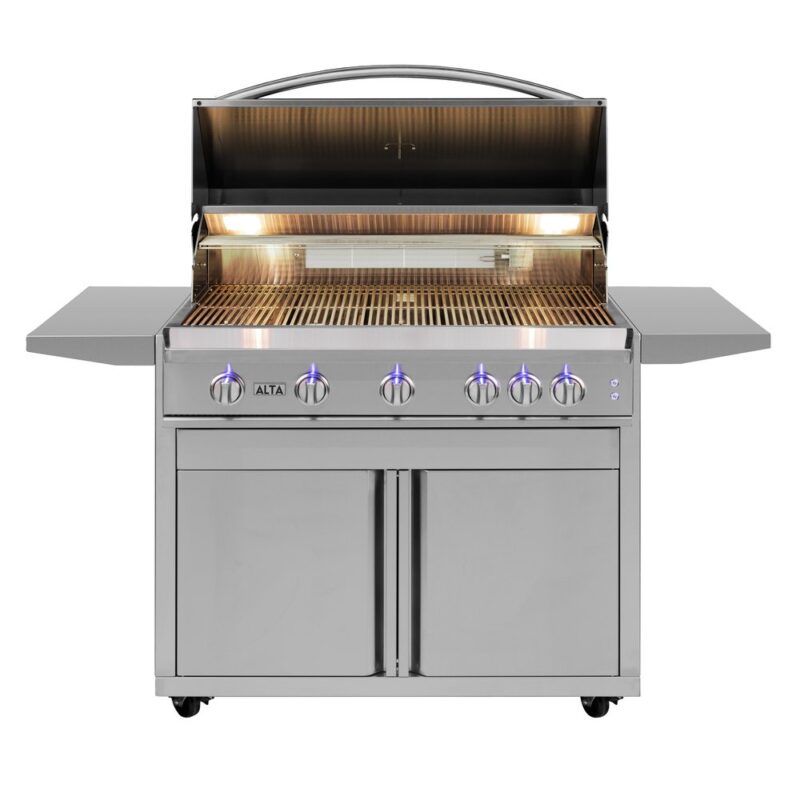 A high-end stainless steel gas grill with six control knobs, side shelves, and a raised hood displaying a lit interior and grilling grate.