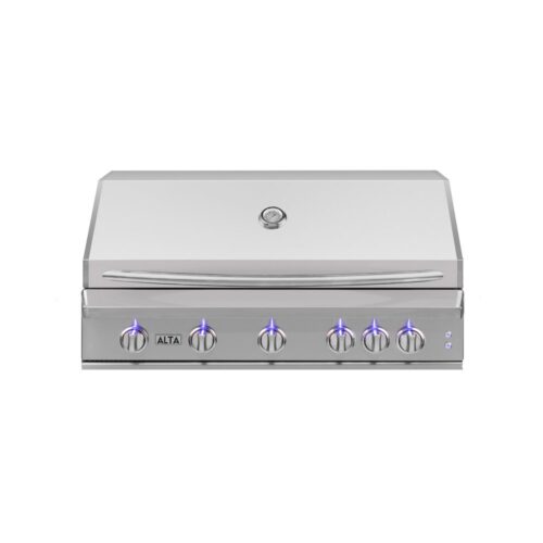 Stainless steel outdoor gas grill with a closed lid, featuring six control knobs and blue led lights under each knob, isolated on a white background.
