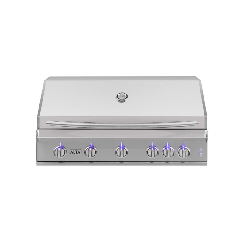 Stainless steel outdoor gas grill with a closed lid, featuring six control knobs and blue led lights under each knob, isolated on a white background.