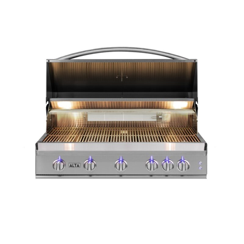 A large stainless steel outdoor grill with its lid open, showcasing multiple burners and control knobs illuminated by internal lights.