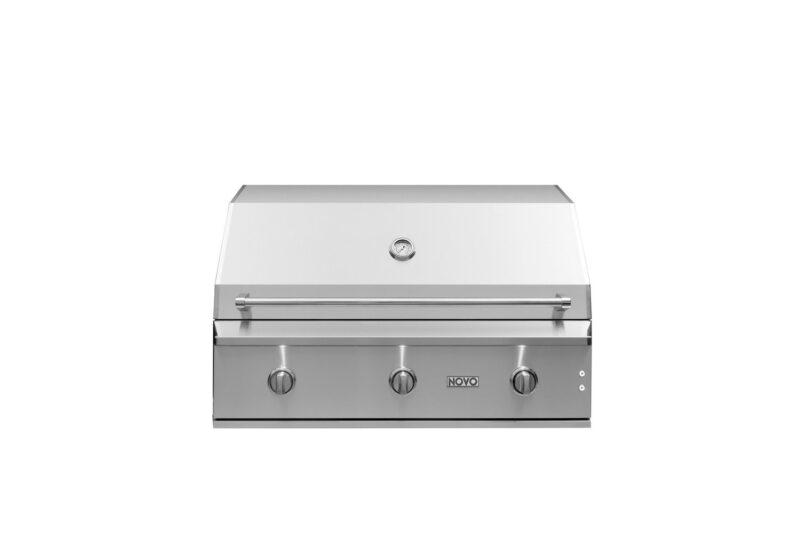A stainless steel outdoor gas grill with three control knobs and a closed lid, set against a plain white background.