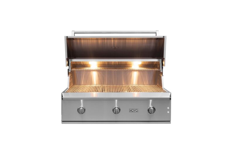 A stainless steel outdoor grill with three control knobs and an open lid, showcasing a gleaming grill surface and heating elements.