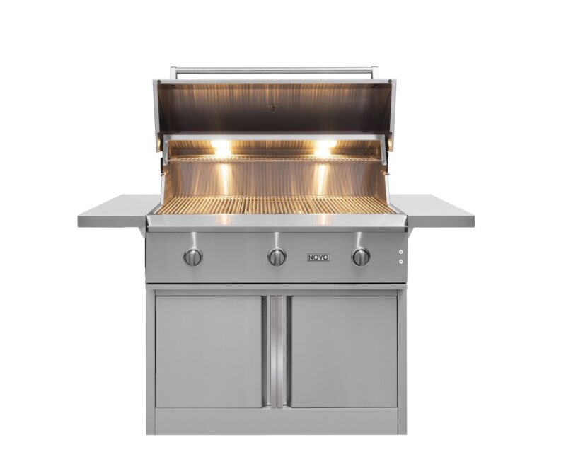 A stainless steel outdoor grill with four burners and a double-door storage cabinet below, shown with the grill lid open, isolated on a white background.