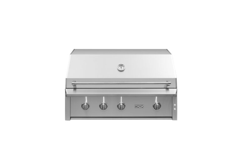 A stainless steel twin outdoor gas grill with four control knobs and a closed hood, isolated on a white background.