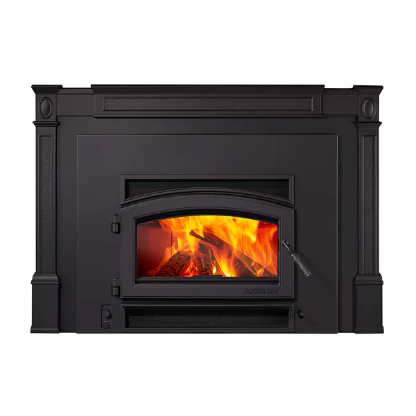 A black, modern wood-burning stove with a visible glass door showcasing a vibrant, fiery blaze inside, set against a plain white background.
