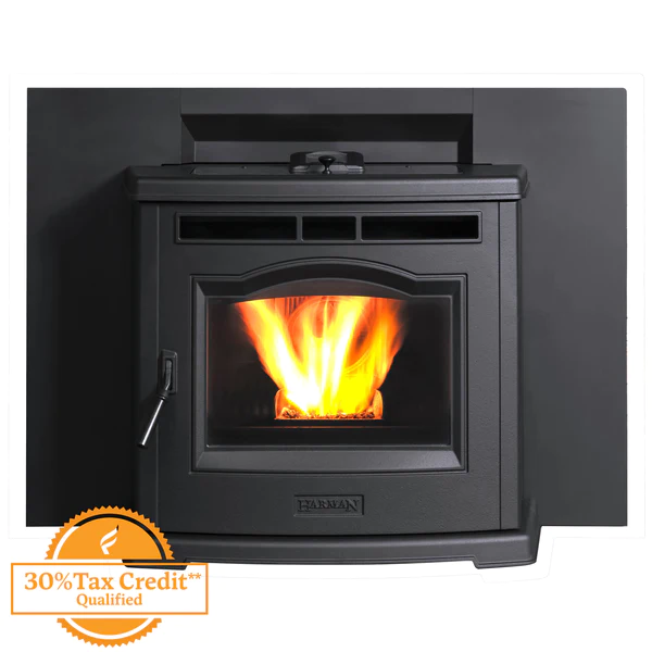Modern black pellet stove with a visible fire burning behind glass door, marked with a "30% tax credit qualified" badge in the corner.