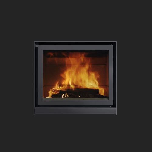 A vibrant fire burning inside a modern black fireplace set against a dark background, showcasing flames vigorously engulfing logs.