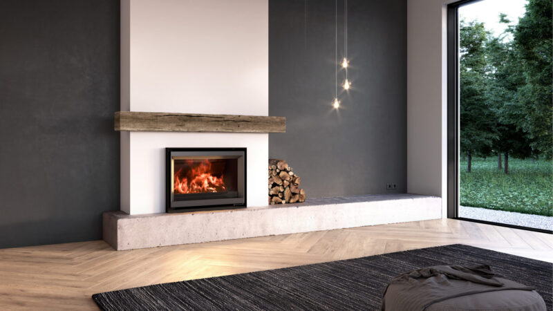 Modern living room with a built-in fireplace, wooden accents, a large window showing a garden view, and a dark rug on a hardwood floor.