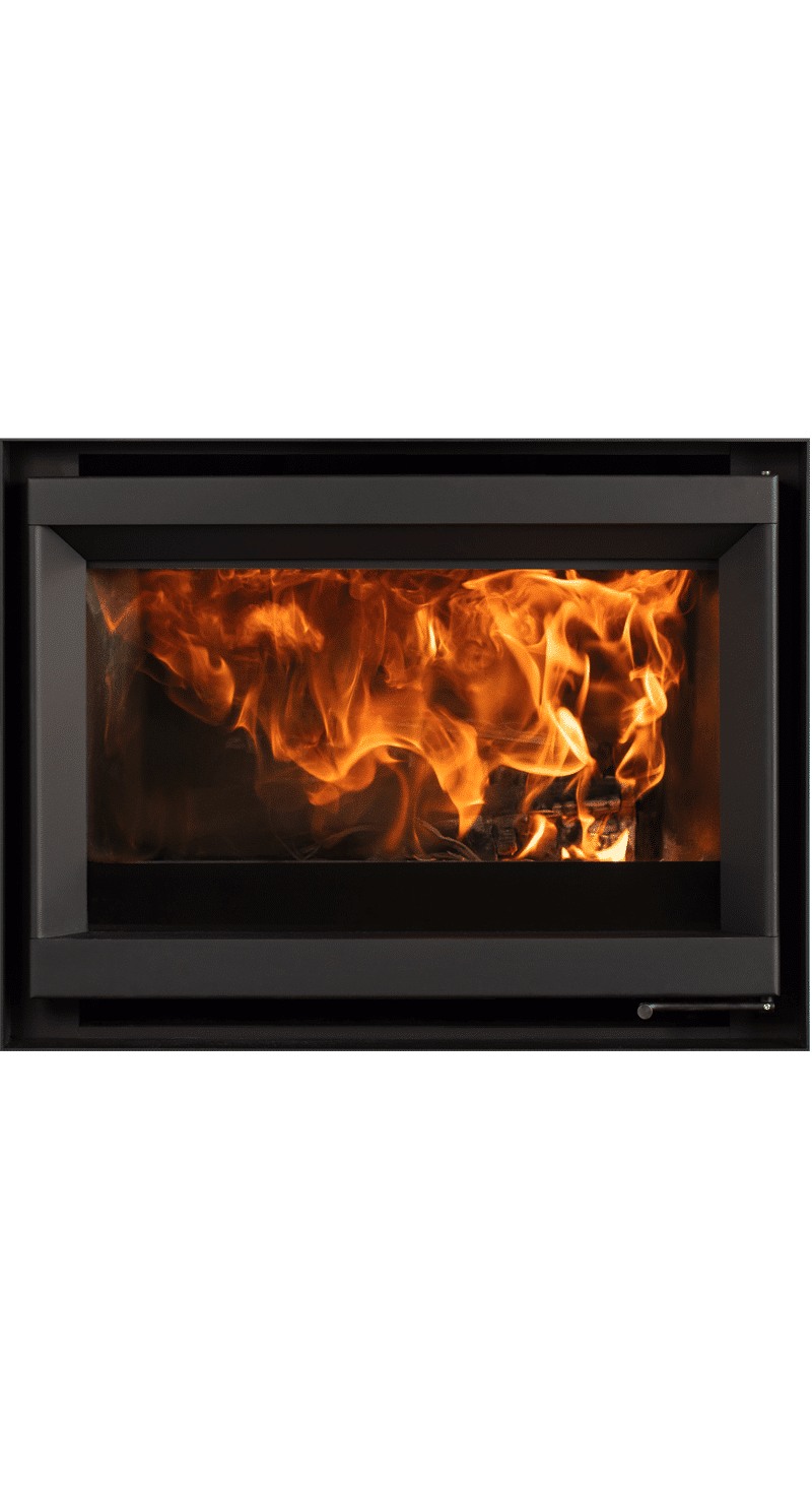 A modern fireplace enclosed in a black metal frame, displaying vibrant orange flames consuming logs, viewed through a clear glass panel.