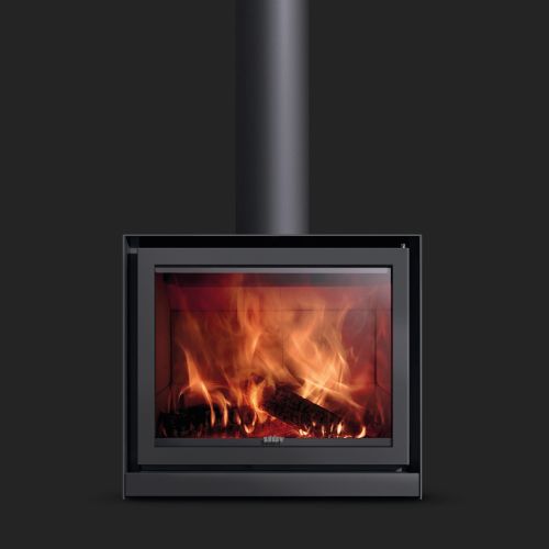 A modern, square-shaped fireplace with visible flames burning wooden logs, enclosed in a glass panel and mounted on a dark gray background.