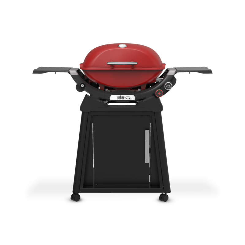 A modern weber q gas grill with a bright red lid, side trays, and a black base.
