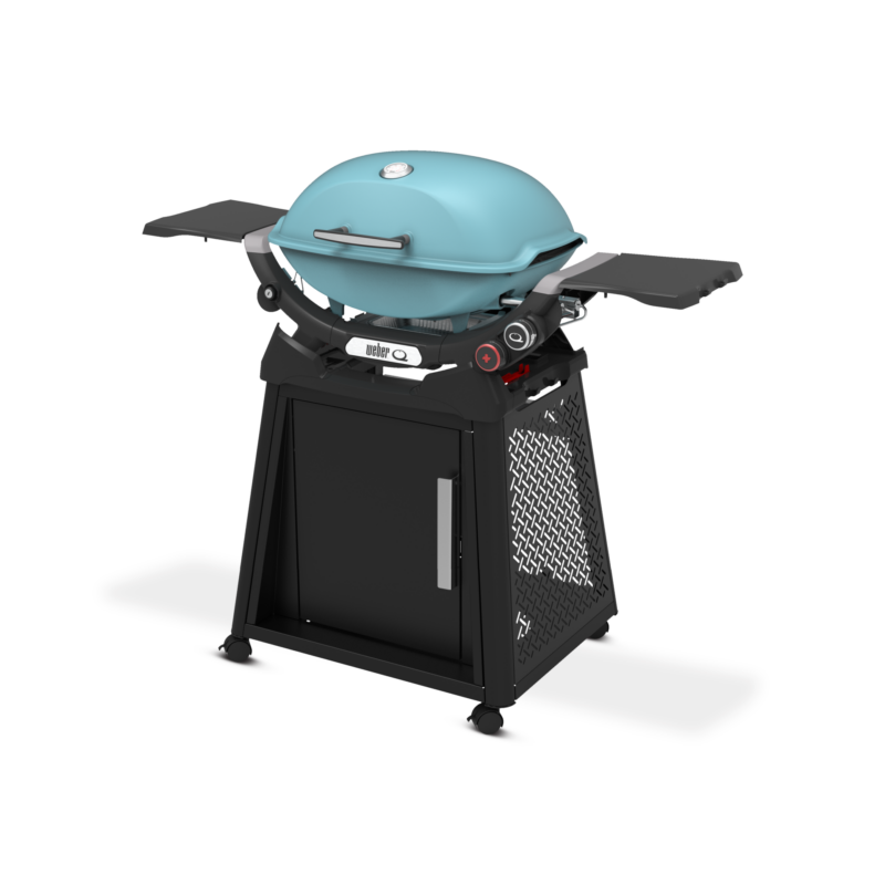 A modern blue barbecue grill on a black cart with side trays and storage cabinet, set against a transparent background.