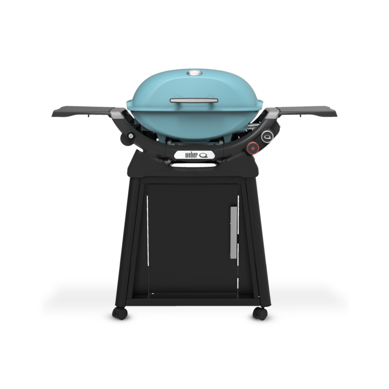 A weber portable gas grill in teal, featuring a rounded lid, side tables, temperature controls, and a sturdy stand with wheels.