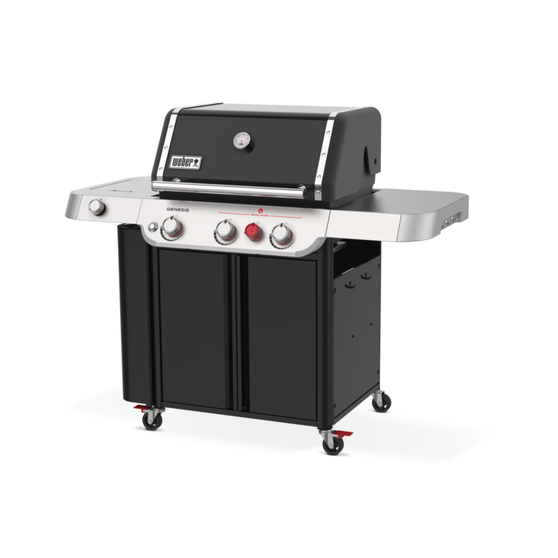 A modern black and stainless steel gas grill with side burner and storage cabinet on wheels, isolated on a white background.