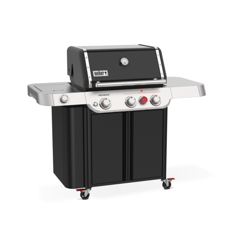 A black weber genesis gas grill with a closed lid, featuring three control knobs, a side table, and set on wheels with a lower cabinet.