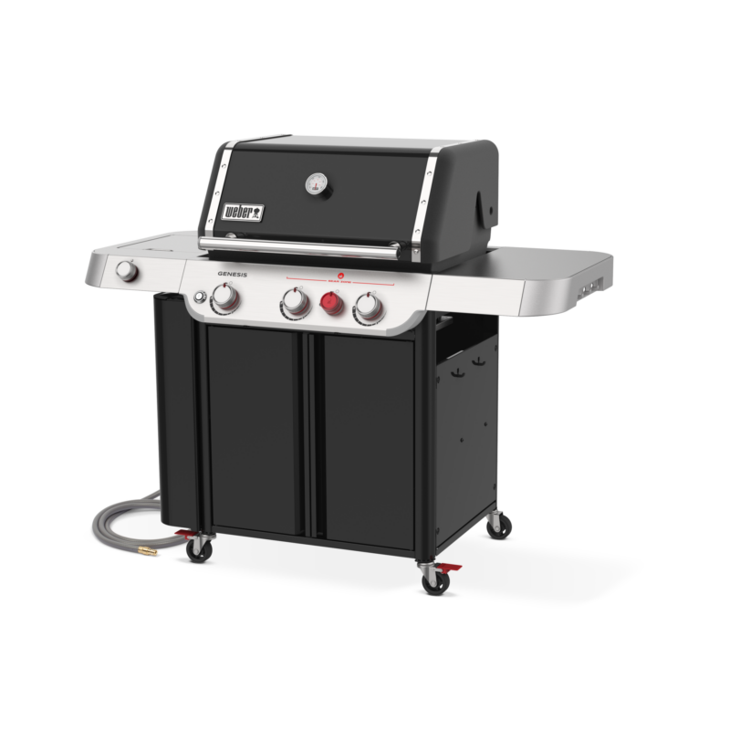 A weber genesis gas grill with three burners, a side burner, and a closed black cabinet on wheels, isolated on a gray background.