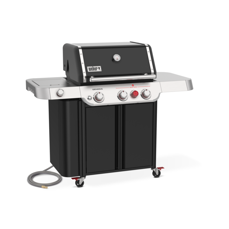 A weber genesis gas grill with a closed lid, featuring three control knobs, a side burner, and a lower cabinet, set on a plain background.