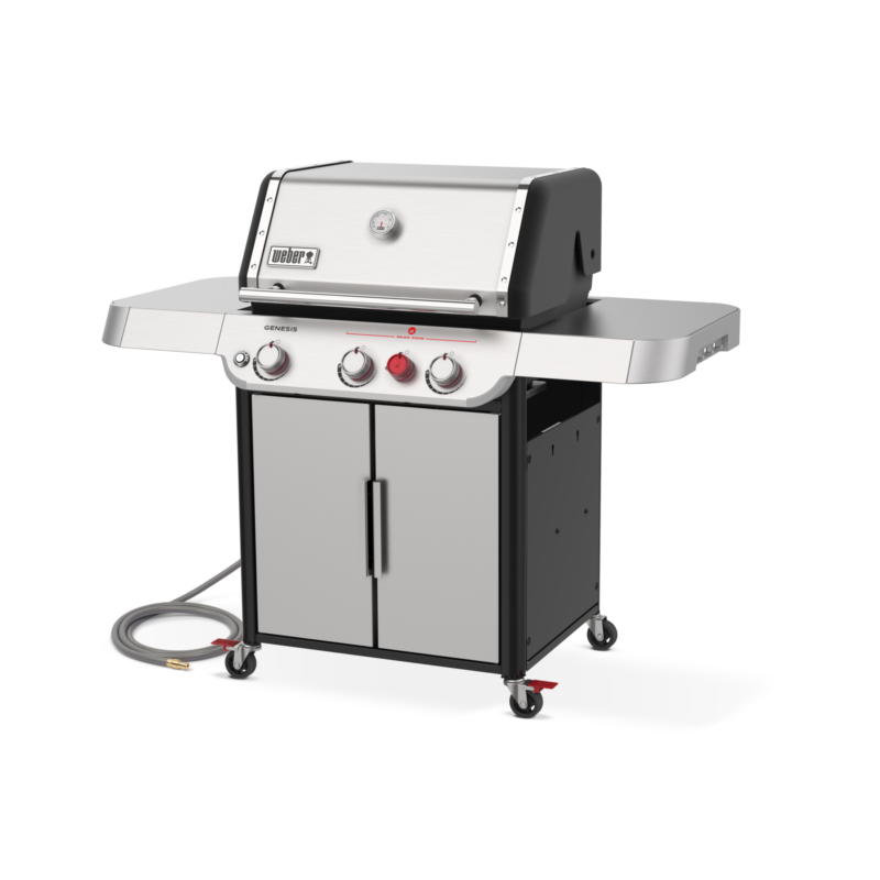 A modern stainless steel gas grill with three control knobs and a side burner, set against a plain background. the grill features a closed lower cabinet and wheels for mobility.