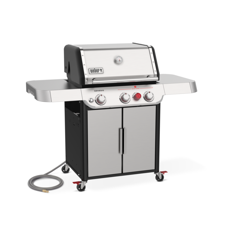 A weber genesis gas grill with three control knobs, a side burner, a stainless steel lid and body, on wheels, shown isolated on a transparent background.