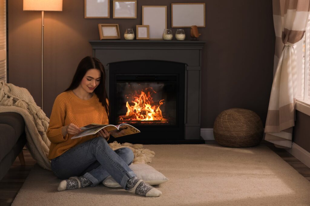 Woman reading a magazine on the floor next to a lit fireplace with a decorated mantel