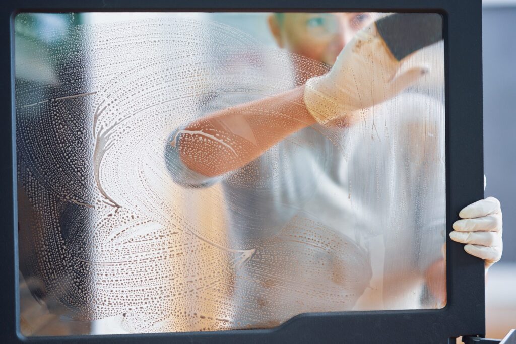 A homeowner in a light-colored shirt wears white protective gloves while cleaning fireplace glass surrounded by a black frame